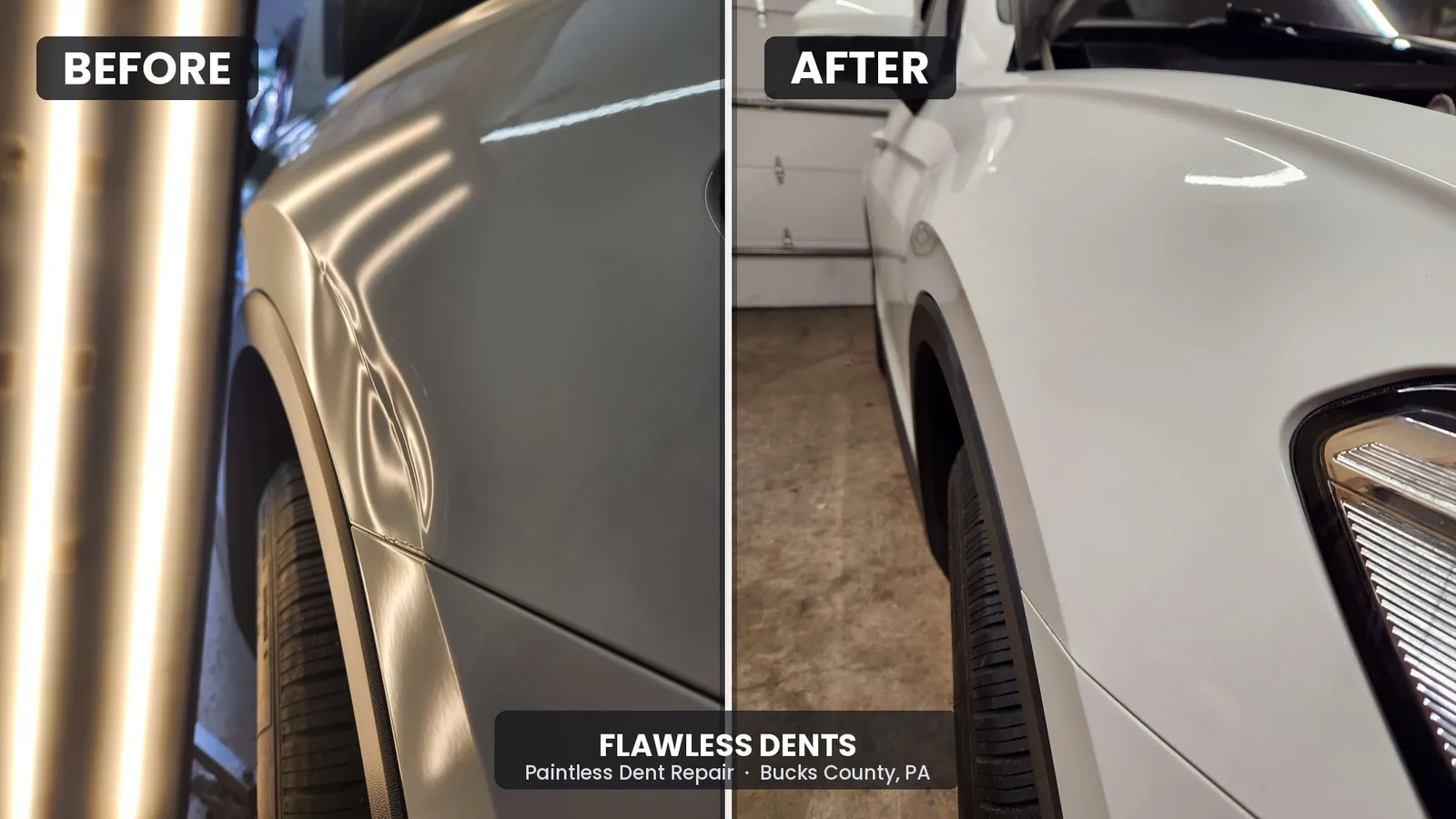 Before and after: a dent removed from a white SUV fender with paintless dent repair
